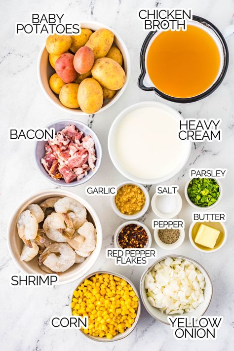 Shrimp and Corn Chowder with Potatoes is like a warm hug in a bowl! A creamy broth flavored with bacon & garlic makes for an amazing chowder! #ThingsIWantToEat #shrimp #corn #potato #chowder #soup #seafood #summer #fall #easydinner Corn Chowder With Potatoes, Bacon Potato Corn Chowder, Potato Chowder Soup, Corn Potato Chowder, Shrimp And Corn Chowder, Potato Chowder Recipes, Shrimp Corn Chowder, Pumpkin Alfredo, Shrimp And Corn