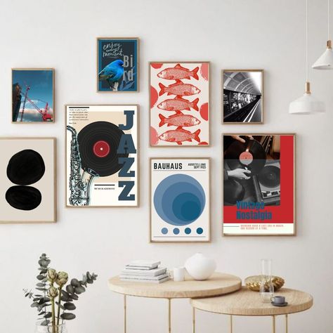 Poster Gallery Wall Bedroom, Poster Wall Inspo Living Room, Music Poster Gallery Wall, Living Room Poster Ideas Wall Decor, Transitional Gallery Wall, Wall Art Layout Ideas, Wall Art Layout, Poster On Wall, Red Wall Decor