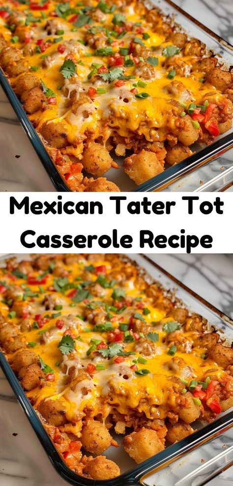 Enjoy a zesty twist with this Mexican Tater Tot Casserole! Tater Taco Casserole Recipes, Chili Tater Tot Casserole Recipes, Tator Tot Casserole With Mixed Veggies, Best Tator Tot Casserole Ever, Tator Tot Casserole Mexican, Tater Tot Enchilada Casserole, Mexican Tot Casserole, Tater Tot Mexican Casserole, Tortilla Chip Casserole Beef