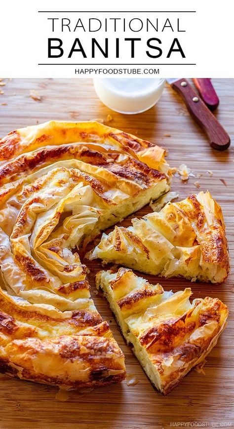 Banitsa is a traditional Bulgarian cheese pie made with cheese, yogurt and eggs. It’s perfect for breakfast or as a snack and it’s best enjoyed warm! Bulgarian Banitsa Recipe, Banitsa Recipe Bulgaria, Slovenian Food Recipes, Banitza Recipe, Cheese Pastry Recipe, Bulgarian Food Recipes, International Baking Recipes, Bulgarian Banitsa, Banitsa Recipe