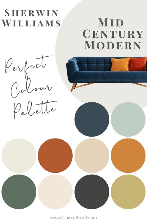 Blue Bedroom Mid Century Modern, Farrow And Ball Mid Century Modern, Behr Mid Century Modern Colors, Mid Century Color Palette Paint Colours, Mid Century Modern Colour Scheme, Mcm Industrial Living Rooms, Mid Century Colour Scheme, Mid Century Modern Kitchen Paint Colors, Benjamin Moore Mid Century Modern Paint