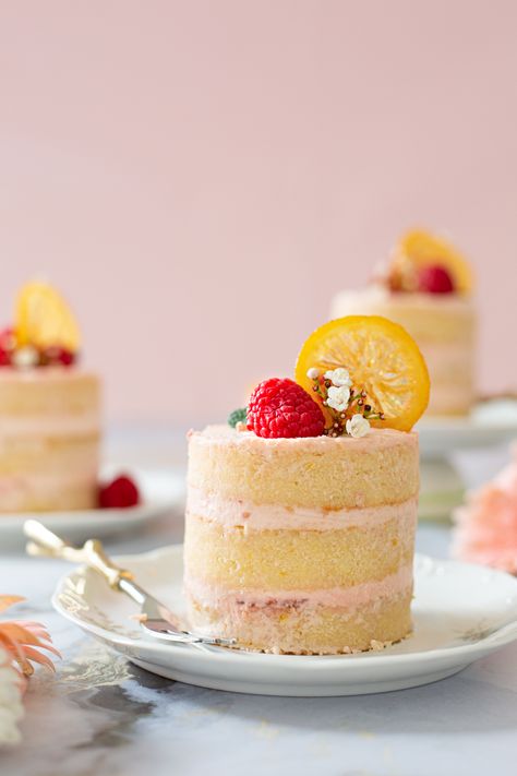 Raspberry and Lemon Mini Cakes – Adventures with Sugar Mini Lemon Raspberry Cakes, Unique Mini Cakes, Individual Lemon Cakes, Mini Raspberry Cake, Mini Almond Cakes, Mini Layered Cake Ideas, Mini Lemon Cake Recipe, Small Raspberry Cake, Stacked Mini Cakes