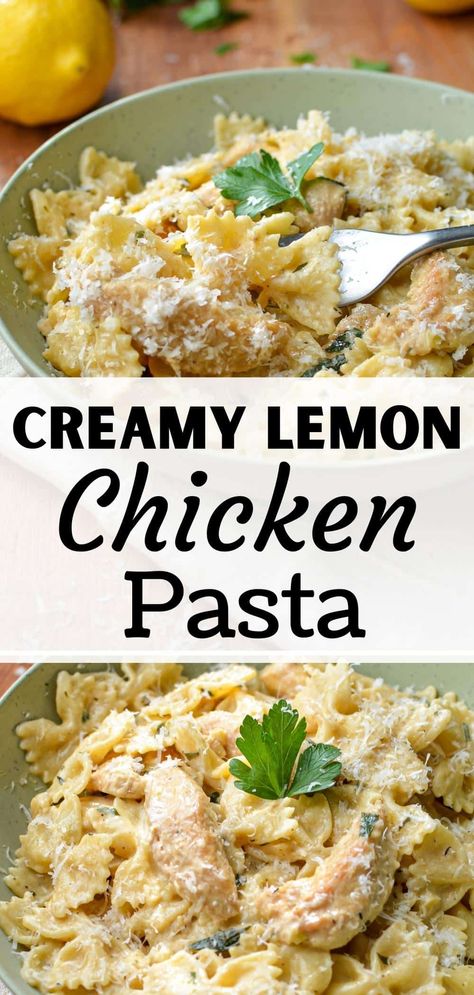 This creamy lemon chicken pasta is filled with lemon and garlic flavor, and the creaminess of heavy cream and butter. This easy chicken pasta recipe is nice enough for a dinner party, but also works as a delicious weeknight dinner idea. If you're looking for a bowtie pasta recipe (farfalle), or just an easy way to make a skillet pasta recipe, this is one delicious dinner idea you have to try! The perfect Winter or Spring pasta dish to celebrate seasonal citrus. Lemon Chicken With Pasta, Easy Chicken Pasta Recipe, Creamy Lemon Chicken Pasta, Farfalle Pasta Recipes, Chicken With Pasta, Lemon Chicken Pasta, Spring Pasta, Skillet Pasta, Creamy Lemon Chicken