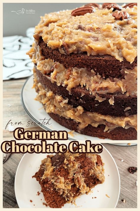 This homemade German chocolate cake is the best traditional cake made from scratch! Layers of coconut pecan frosting and chocolate! German Choc Cake, Homemade German Chocolate Cake, German Chocolate Cake Recipe, Pecan Frosting, Choc Cake, Sweet Bakes, Coconut Pecan Frosting, Heart Recipes, Vegetarian Desserts