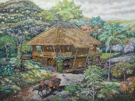 Pre-colonial Upland House - by JBulaong 2020 #Precolonialuplandhouse #PrecolonialPhilippines #Maharlika #Philippinearchitecture #JBulaong #oiloncanvas #painting #Islandsofgold #Ophir #utopia #ancientPhilippinegold #Filipinohouse #indigenousarchitecture Bahay Kubo Painting, Bahay Kubo Sketch, Bahay Kubo Design Philippines, Philippine Aesthetic, Filipino Folklore, Filipino Design, Nipa Hut, Philippine Culture, Philippine Architecture