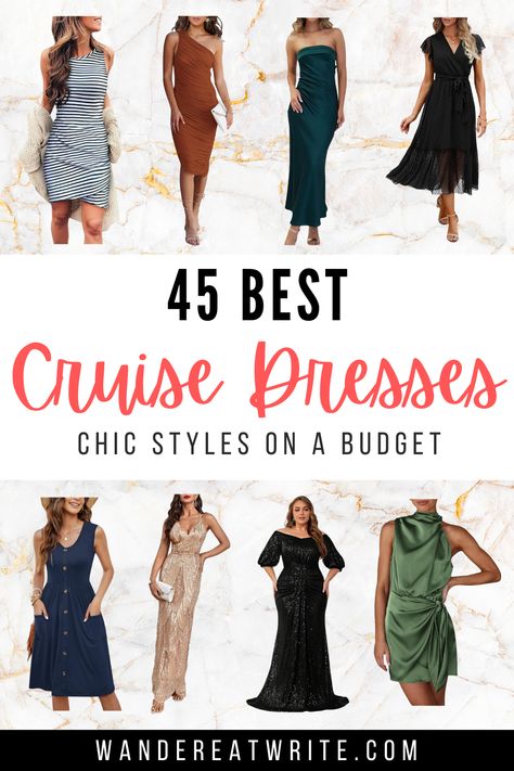 Looking for the best cruise dresses for women? Get the top 45 dresses for cruises for event event on an off the ship, from casual sundresses to cruise dresses for formal night and classy options for women over 50 and plus size // cruise dresses casual | cruise dresses dinner | cruise dress ideas | cruise dressup night | dresses for cruise dinner | dresses for cruise ship Cocktail Dress For Cruise Night, Amazon Cruise Dresses, Cruise Outfits Formal Night, Cruise Casual Outfits Dinner, Cruise Pajamas, Cruise Clothes For Women Over 50, Ladies Cruise Outfits, Captains Night Cruise Dresses, Formal Cruise Outfits For Women