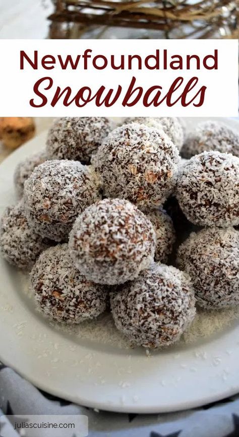 Traditional Newfoundland Snowballs, it wouldn't be a holiday without them. A no bake coconut chocolate treat that freezes great. Make them and freeze them for later. #newfoundlandcookies #cookies #holidaycookies Almond Snowballs, Holiday Dessert Platter, Chocolate Snowballs, Snowballs Recipe, Newfoundland Recipes, Snowball Cookie Recipe, Christmas Baking Cookies, Coconut Snowballs, Xmas Desserts