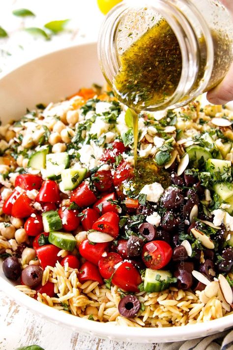 Orzo Salads For Parties, Orzo Recipes Make Ahead, Orzo Salad With Basil, Orzo Feta Pasta Salad, Hearty But Healthy Dinners, Mediterranean Orzo Salad With Spinach, Orzo Pasta Salad With Chickpeas, Orzo Mediterranean Salad Feta, Basil Orzo Recipes