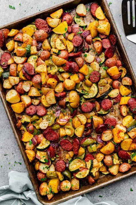 Sausage And Peppers Meal Prep, Fall Sausage And Veggie Sheet Pan, Italian Sausage One Pan Dinner, Sheet Baked Veggies, Vegetable Sheet Pan Dinners, Sausage And Squash Sheet Pan, Sausage Potato And Broccoli Sheet Pan, Sheet Pan Apple Sausage And Veggies, Fall Sheet Pan Dinners Sausage