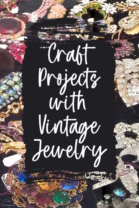 Broken or vintage jewelry has a way of adding up- and thrift store cases often have vases or jars of this jewelry for sale. Which means it really is a fabulous craft supply for any number of projects- including these inspiring craft ideas! Art With Jewelry Diy Projects, Diy With Old Jewelry, Repurposed Brooches Ideas, Ways To Use Old Costume Jewelry, Old Pins Ideas, Diy Costume Jewelry Crafts, Ideas For Old Jewelry Diy Crafts, Projects With Old Jewelry, Crafts Using Old Costume Jewelry