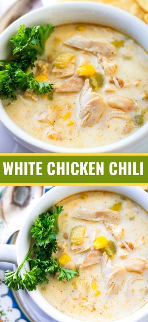 Easy White Chili Recipe, White Chicken Chilli, White Chicken Chili Recipe Crockpot, Chili White, White Chili Recipe, Rotisserie Chicken Recipes Leftover, Rotisserie Chicken Soup, Chili Crockpot, Cubed Chicken