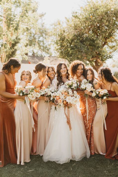 English Rose and Neutral Blush Bridesmaids | Real Wedding in Jenny Yoo Brown Shade Bridesmaid Dress, Same Shade Different Style Bridesmaid Dresses, Color Variation Bridesmaid Dresses, Peach And Terracotta Bridesmaid Dresses, Terracotta Mixed Bridesmaid Dresses, Mix And Match Terracotta Bridesmaids, Nude And Brown Bridesmaid Dresses, Spanish Wedding Bridesmaids Dress, Rosy Brown Bridesmaid Dress