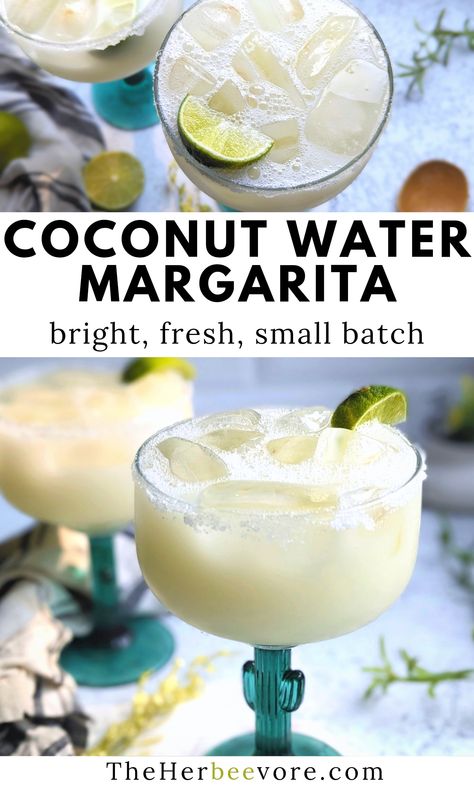 This fresh coconut water margarita recipe is a sweet, topical, and refreshing way to kick off happy hour! With coconut water, sweet and sour mix, and tequila - blend or serve on the rocks. Coconut Water Tequila Drinks, Coconut Water Drinks Alcohol, Coconut Water Margarita, Coconut Water Mixed Drinks, Coconut Water Alcoholic Drinks, Coconut Water Cocktail Recipes, Coconut Tequila Margarita, Coconut Tequila Drinks, 1800 Coconut Tequila Recipes