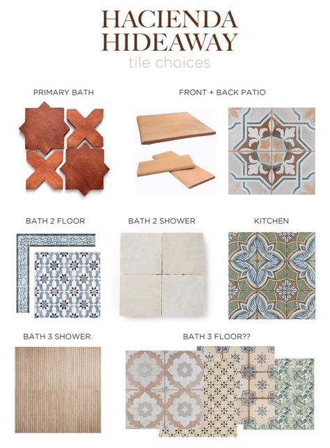 All the tiles we’re using in the Hacienda Hideaway Spanish Floor Tile, Spanish Style Tile, Modern Spanish Style, Spanish Bathroom, Modern Hacienda, The Hacienda, Jenna Sue Design, Hacienda Style Homes, Spanish Modern