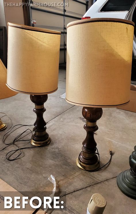 Refurbished Lamps, Upcycle Lamp, Spray Paint Lamps, Farmhouse Lampshade, Farmhouse Lamp, Lamp Redo, Diy Lamp Makeover, Wooden Lights, Wood Lamp Base