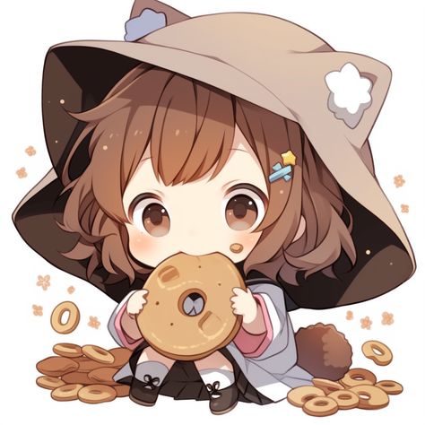 Eating Candy Drawing, Chibi Eating Pose, Anime Donut, Chibi Eating, Chibi Inspiration, Anime Eating, Chocolate Drawing, Donut Drawing, Candy Drawing