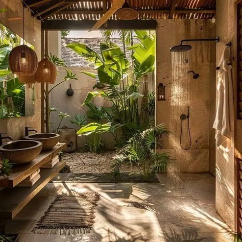 Bali Spa Aesthetic, Bali House Interior, Tulum Bathroom, Bali Cottage, Bathroom Jungle, Bathroom For Kids, Jungle Bathroom, How To Start Painting, Jungle Home