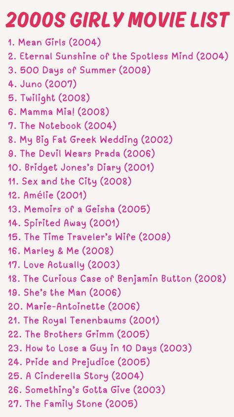 Movies Names List, Girly Movies List, High School Series To Watch, Movies 2000s Film, Early 2000s Romance Movies, Early 2000s Books, Late 90s Early 2000s Movies, Teen Comedy Movies, Movie Lists To Watch#FallTV2024 #MustWatchTV #TVShowNight #BingeWorthySeries #FallStreamingGuide #FallMovies2024 #MovieNightGuide #MustWatchMovies #CinematicFall2024 #BingeWorthyFilms 2000s Romance Movies, Girly Movies To Watch, Movies 2000s, Must See Movies, Early 2000s Movies, Love Actually 2003, Romcom Movies, Top Movies To Watch, Movies To Watch Teenagers