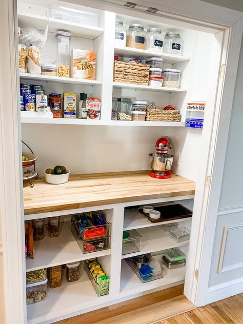 Reach-in pantry Closet Style Pantry, Reach In Pantry Design Ideas, Pantry Conversion Ideas, Pantry Closet With Counter, Pantry In Hallway, Turning A Closet Into A Pantry, Reach In Pantry Design, Pantry Coat Closet, Pantry With Appliance Counter