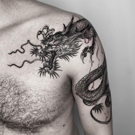 awesome 24 Chinese Dragon Tattoos for Everyone in 2021 Japanese Dragon Neck Tattoo, Three Headed Dragon Tattoo, Chinese Dragon Shoulder Tattoo, Dragon Tattoo Shoulder Men, Dragon Upper Arm Tattoo, Dragon On Shoulder Tattoo, Male Rib Tattoos, Dragon Chino Tattoo, Dragon Tattoo On Shoulder