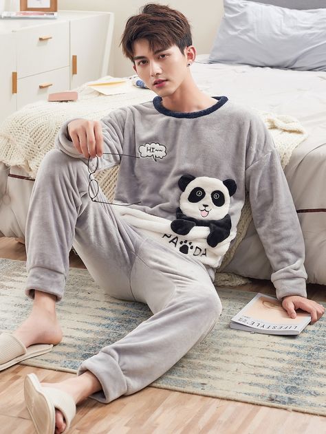 Men Panda Embroidered Plush Pajama Set -SheIn(Sheinside) Night Dress For Man, Pajama Party Outfit Ideas, Male Pajamas, Mens Night Suit, Cute Pajama Outfits, Pajama Party Outfit, Party Outfit Men, Men Loungewear