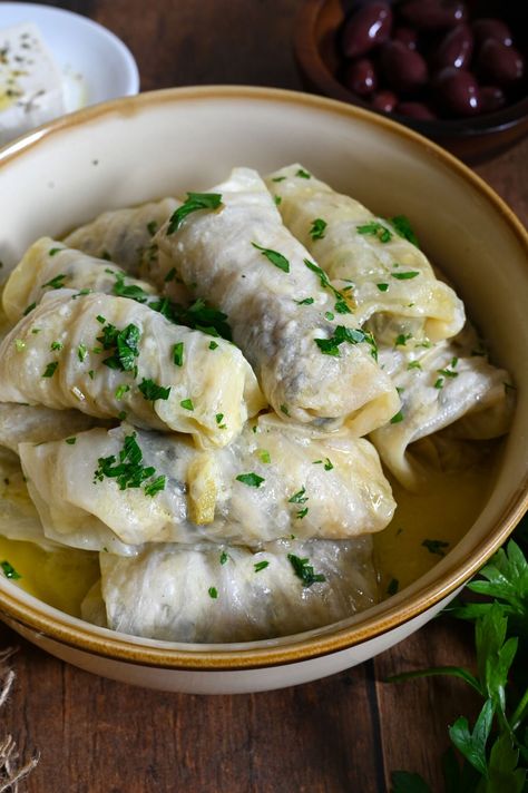 Greek stuffed cabbage rolls, lahanodolmades, with zucchini rice - Mia Kouppa Mia Kouppa Recipes, Greek Cabbage Rolls, Greek Stuffed Cabbage, Zucchini And Rice, Greek Cabbage, Zucchini Rice, Vegan Greek, Grated Zucchini, Stuffed Cabbage Rolls