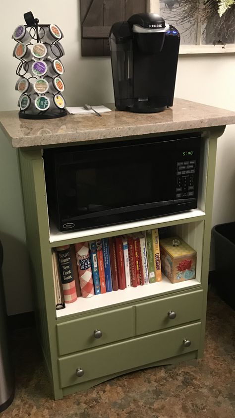 Coffee Bar Microwave, Armoire Repurpose, Microwave Cart, Microwave Cabinet, Diy Coffee Bar, Microwave Stand, Home Coffee Stations, Coffee Bars In Kitchen, Home Coffee Bar