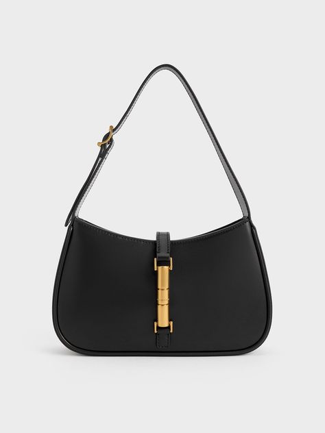 Black Cesia Metallic Accent Shoulder Bag | CHARLES & KEITH Charles And Keith Bags, Classy Purses, Black Mini Bag, Gold Bag, Girly Accessories, Charles Keith, 2024 Fashion, Cute Bags, Eco Conscious