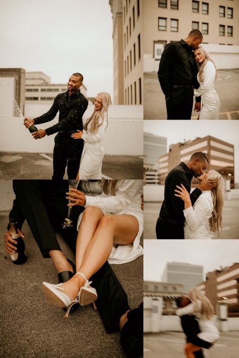 Modern Black And White Engagement Photos, All White Engagement Photos Black Couple, Engagement Photoshoot Ideas Black And White, Rooftop Couple Photoshoot Formal, Styles Of Engagement Photos, Magazine Engagement Photos, Taco Engagement Pictures, Rooftop Elopement Photoshoot, Black And White Engagement Outfits