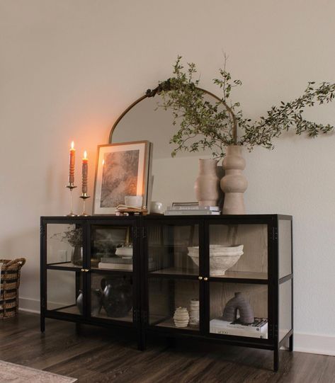 #TargetStyle : @brookemoraleshome : Target Finds Vintage Console Table Decor, Buffet Table Styling, Arch Mirror Entryway, Entry Way Table Ideas, Target Cabinet, Dining Room Buffet Styling, Buffet Table Dining Room, Buffet Table Ideas Decor, Side Board Decor