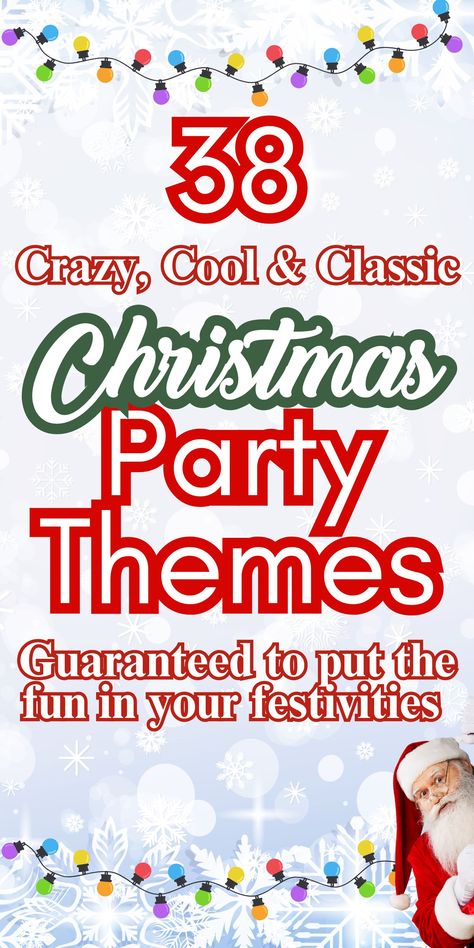 Here's my list of 38 unique fun Christmas party themes to help you plan and host a super fun Christmas party for family and friends, I've focused on themes for adults, grown-up fun ideas for Christmas soirees and get-togethers over the holiday season. You can also use these fun themes for Company office Christmas parties. These themes will help inspire you to plan dress up costumes, outfits, party decor and party food and drink. Unique, fun ideas, Christmas party planning, Christmas hosting easy Types Of Christmas Party Ideas, Christmas Day Party Ideas, 50th Christmas Birthday Party, Christmas Work Theme Ideas, December Events For Residents, Candy Christmas Party Theme, Friends Christmas Party Theme, Christmas Brunch Themes Ideas, Fun Office Christmas Party Ideas