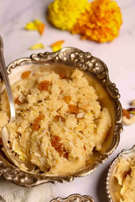 This EASY Sheera recipe with sooji, sugar, and ghee is ready in under 30 minutes and makes for a delicious breakfast or dessert. Sooji Halwa Recipe, Ministry Of Curry, Sooji Halwa, Sheera Recipe, Nut Free Desserts, Easy Indian Dessert Recipes, Easy Indian Dessert, Semolina Pudding, Making Ghee