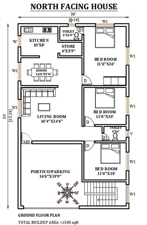 30’x50’ north facing house plan is given in this Autocad drawing file. Download now. - Cadbull Practical House, Layout House, 30x50 House Plans, 20x30 House Plans, 1500 Sq Ft House, Budget House Plans, North Facing House, 20x40 House Plans, 30x40 House Plans