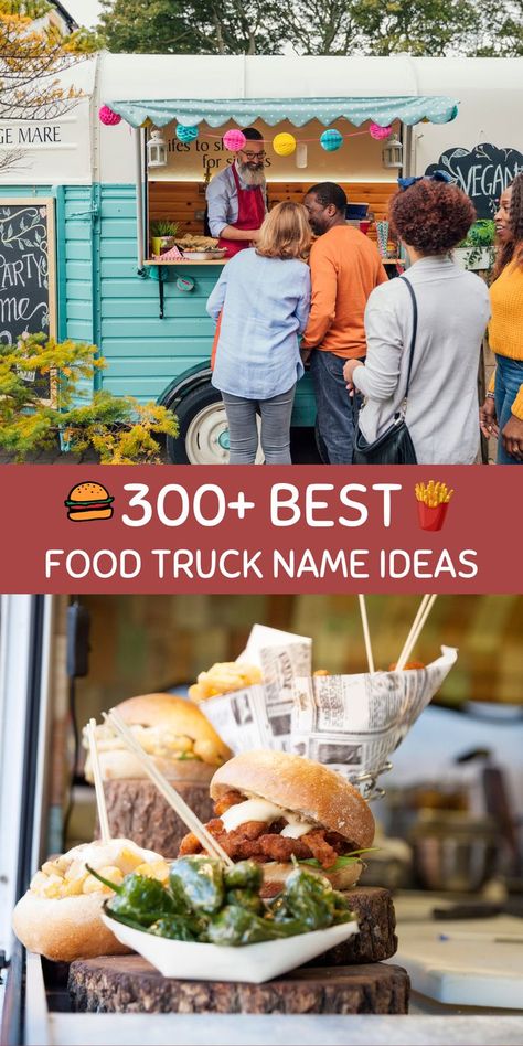 Burgers and a food truck with a line outside. Food Intolerance Diet, Food Truck Project, Vegan Food Truck, Carnival Eats, Starting A Food Truck, Street Food Business, Starting Business, Truck Names, Food Truck Menu