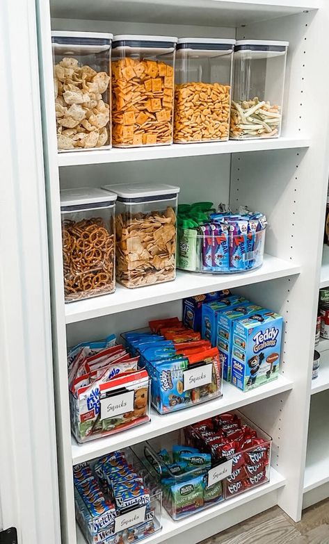 Open Pantry In Kitchen Ideas, Female Product Organization, Yearbook Storage Ideas, Snack Closet Organization, Snack Storage Pantry, Organizing Small Refrigerator Ideas, Under Cabinet Snack Storage, Snack Pantry Organization Ideas, Upper Cabinet Organization Kitchen