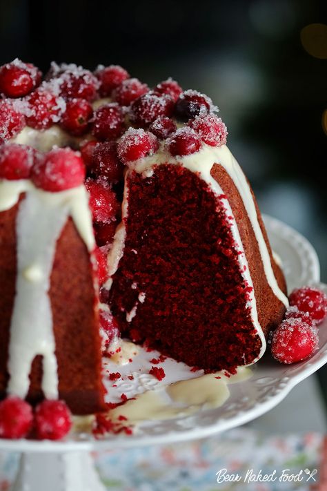 Red Velvet Bundt cake with Cream Cheese Glaze | Bear Naked Food Red Velvet Bundt Cake Christmas, Red Velvet Yule Log Recipe, Red Velvet Bundt Cake From Scratch, Red Velvet Log Cake, Red Velvet Cream Cheese Bundt Cake, Christmas Wreath Bundt Cake, Red Velvet Christmas Desserts, Red Velvet Wreath Cake, Red Velvet Bundt Cake With Cream Cheese