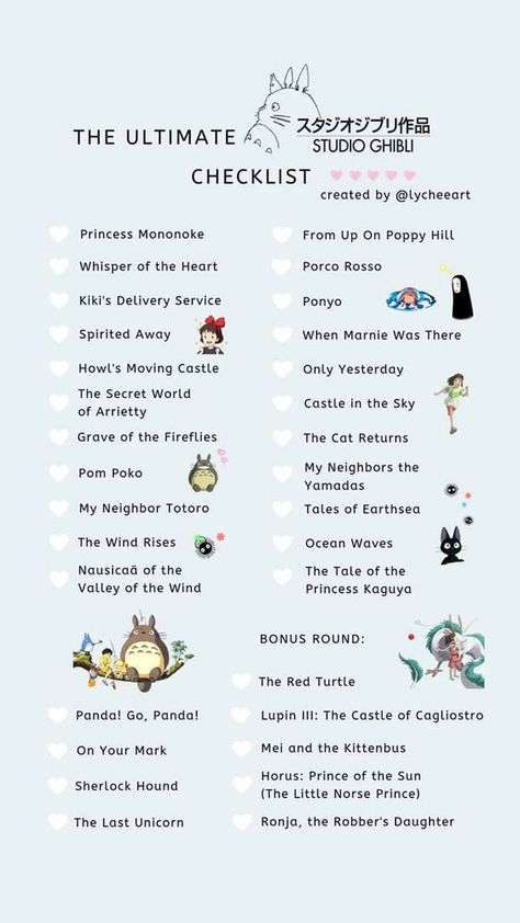 The best films of the "Studio Chibli" Fandoms List, Ghibli Template, Studio Ghibli Checklist, Ghibli Checklist, Studio Ghibli Movie List, Studio Ghibli Animation, Studio Ghibli Quotes, All Studio Ghibli Movies, Studio Ghibli Wallpaper