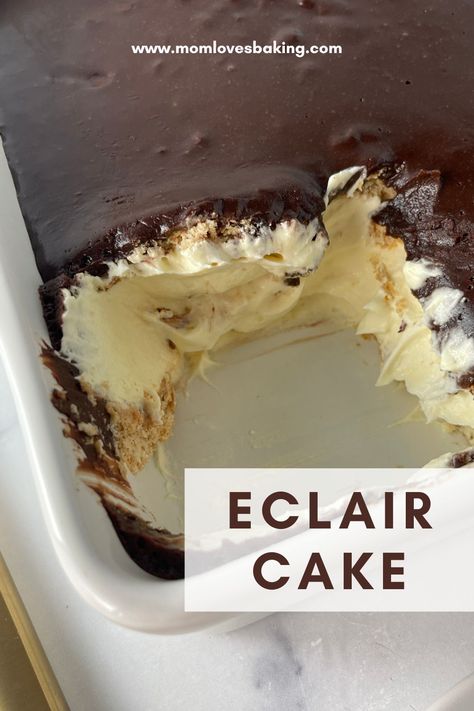 Easy No-Bake Chocolate Eclair Cake - This recipe is great for when you want a sweet treat without having to turn on the oven. It's also a crowd-pleaser at potlucks and parties! Get the recipe: https://www.momlovesbaking.com/easy-no-bake-chocolate-eclair-cake-recipe/ No Bake Chocolate Eclair Icebox Cake, No Bake Eclair Cake Easy, Eclair Cake From Scratch, Eclare Cake Recipe Chocolate Eclairs, Easy Chocolate Eclair Cake, Gluten Free Eclair Cake, No Bake Chocolate Eclair Dessert, No Name Cake Recipe, No Bake Eclair Cake Recipe