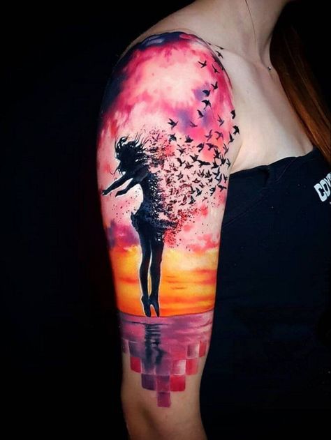 Inspiring Women Tattoo, Wind Tattoo Blowing, Colorful Shoulder Tattoos For Women, Sky Tattoo Sleeve, Wind Tattoo Ideas, Watercolor Sleeve Tattoo, Watercolor Tatoos, Watercolor Sleeve, Watercolor Tattoo Sleeve