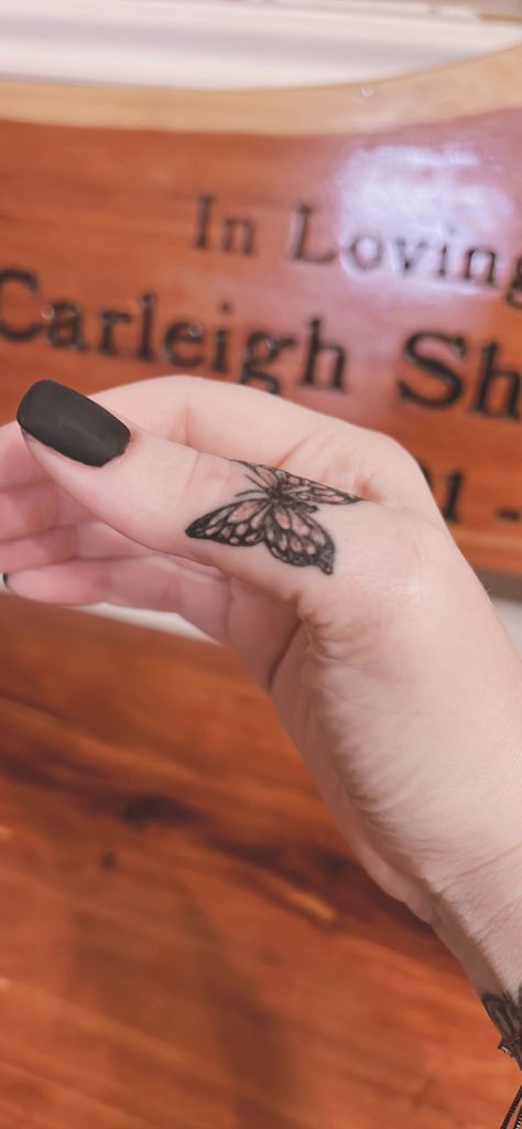 In memory of my daughter Carleigh. Butterfly Thumb Tattoo Butterfly On Thumb Tattoo, Thumb Butterfly Tattoo, Butterfly Tattoo Thumb, Butterfly Tattoo On Thumb, Butterfly Thumb Tattoo, Thumb Tattoo, Lace Tattoos, Thumb Tattoos, Tattoo Design For Hand