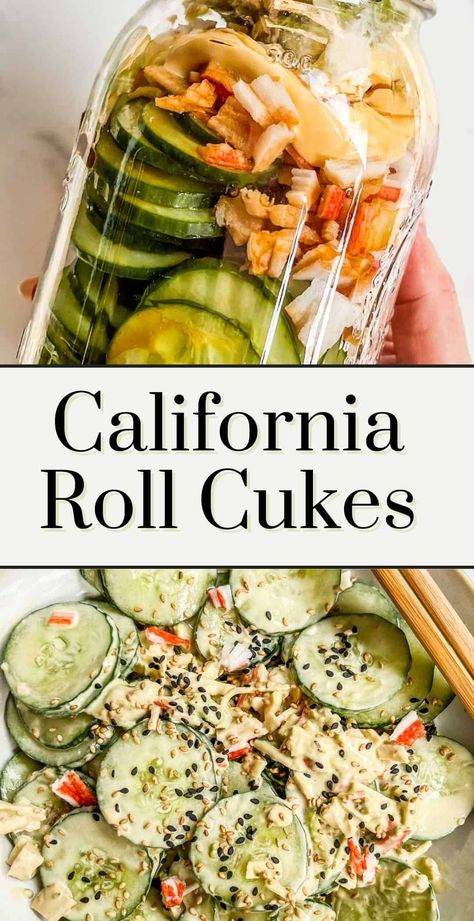 Have you tried the whole cucumber salads going viral on TikTok? This sliced cucumber California roll salad is so worth making! If you like California rolls, you'll love this easy dish. It's fresh, creamy, crispy, and has lots of great flavor! Low Carb California Roll, Sushi Cucumber Salad Recipe, Logan’s Viral Cucumber Salad Recipe, Sliced Cucumber Salad, Build Your Cucumber Salad, Cucumber Sushi Bowl, Spicy Tuna Cucumber Salad, Cucumber Salad Everything But The Bagel, California Roll Salad Recipe