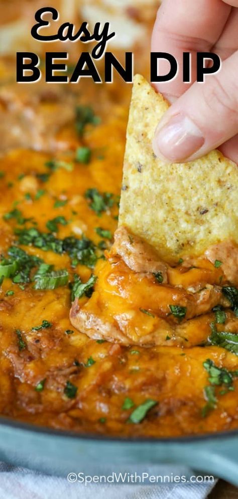 Creamy, cheesy and delicious this easy bean dip recipe is going to become a go-to! Refried beans and cream cheese create the base of this dip while taco seasoning and a handful of chopped jalapenos add lots of flavor (and a little kick)! #spendwithpennies #beandip #refriedbeandip #easydiprecipe #appetizerrecipe #cheesydip Bean Dip With Enchilada Sauce, How To Make Bean Dip From Refried Beans, Bean Dip From Canned Refried Beans, Cheese Bean Dip Recipes, How To Make Bean Dip, Dips With Refried Beans, Things To Make With Refried Beans, Refried Beans Dinner Ideas, How To Use Refried Beans