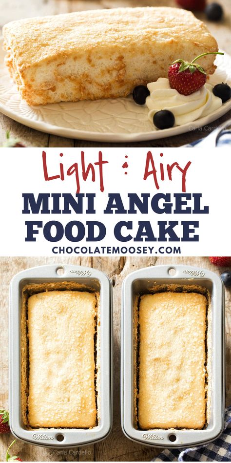 Light & Airy Mini Angel Food Cake are prepared in small loaf pans using whipped egg whites and without cream of tartar. There is technique required in preparing this angel food cake recipe from scratch, but I will walk you through the process to ensure your success. Serve with fresh berries and whipped cream. Simple Angel Food Cake Recipe, Microwave Angel Food Cake, Single Serve Angel Food Cake, Cake With Egg Whites Only, Angel Food Cake Loaf Pan, Easy Angel Food Cake Recipes 2 Ingredients, Small Batch Angel Food Cake, Best Angel Food Cake Recipe, How To Make Angel Food Cake