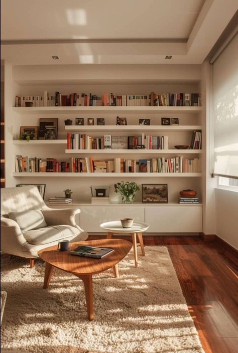 Library In The Living Room, Book Shelf In Living Room Idea, Small Book Room Ideas, Small Book Room, Study Place Ideas, Simple Home Library, Simple Room Ideas Minimalism, Armchair Nook, Home Book Library