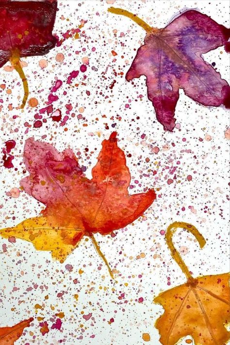 Red, orange, gold, and purple watercolor leaves surrounded by splatters of paint. Fall Leaf Art Projects, Online Art Tutorials, Watercolor Fall Leaves, Homeschool Art Projects, Easy Art Lessons, Splatter Painting, Autumn Leaves Art, Elementary Art Projects, Watercolor Painting Techniques