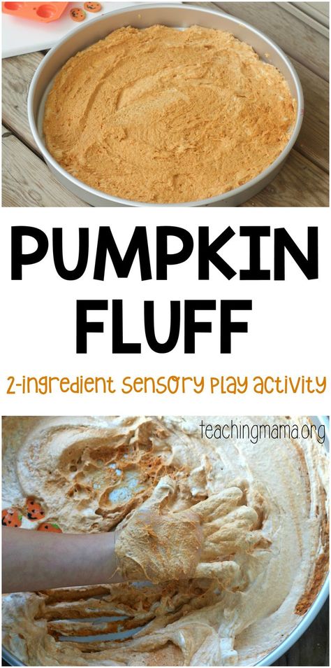 Pumpkin Fluff Sensory Activity - a really fun sensory play activity for children. And you only need 2 ingredients! Thanksgiving Sensory, Pumpkin Lesson Plans, Thanksgiving Lesson Plans, Pumpkin Lessons, Pumpkins Preschool, Pumpkin Fluff, Sensory Play Ideas, Thanksgiving Toddler, Fall Lesson Plans