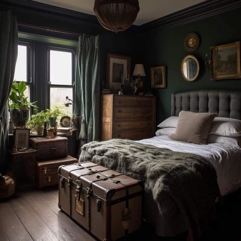 Minimal Dark Academia Room, Dark Academia Bedroom, Dark Academia Interior, Dark Green Rooms, Dark Cozy Bedroom, Academia Bedroom, Dark Home Decor, Dark Home, Apartment Aesthetic