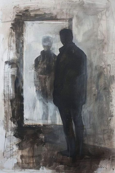 Different Reflection In Mirror, Ethereal Man Art, Standing In Mirror Drawing, Painting Ideas Dark Art, Drawing Of Someone Looking In The Mirror, Man Standing In Front Of Mirror, Standing In Front Of Mirror Drawing, Reflections In Art, Dark Painting Wallpaper