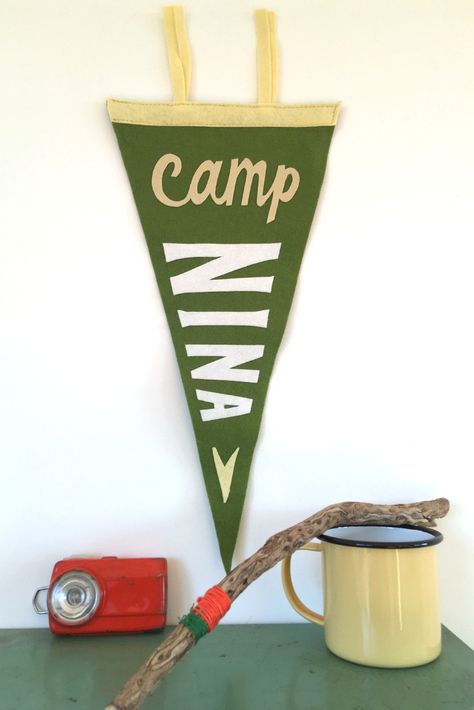 Vintage inspired camping party decor personalised with your chosen name or word. My custom pennant flags make perfect camping party gifts, camping souvenirs or unique kids room decor. Camp Pennant, Camping Party Decor, Custom Pennant Flags, Summer Camp Gift, Unique Kid Rooms, Adventure Birthday Party, Camp Birthday, Camp Decor, Cabin Decorating