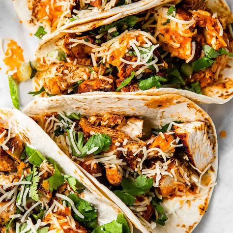 Ancho Chicken Tacos Spicy Mexican Chicken, Spicy Chicken Tacos Recipes, Spicy Shredded Chicken Tacos, Baked Spicy Chicken Tacos, Crispy Poblano Chicken Tacos With Avocado-jalapeño Salsa, Spicy Chicken Tacos, Chili Spices, Ancho Chili, Mexican Cheese